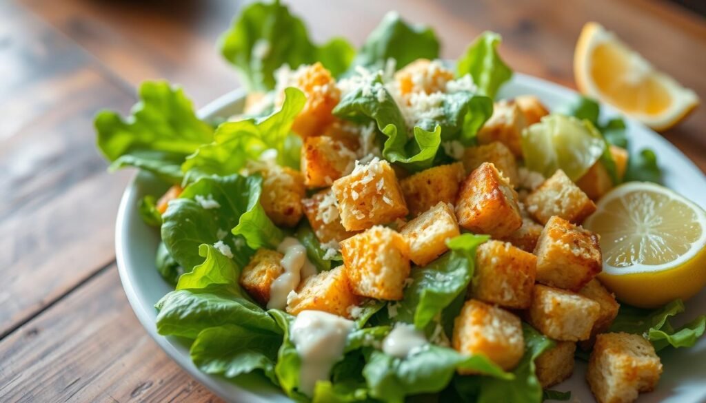 A beautifully arranged Caesar salad featuring crisp romaine lettuce, perfectly grated parmesan cheese, golden croutons, and a creamy dressing. In the foreground, focus on the vibrant greens of the lettuce, glistening with the dressing, alongside a sprinkle of parmesan flakes that catch the light. The middle ground showcases the hearty croutons, adding texture and color, while a fresh lemon wedge lies invitingly on the side. In the background, a rustic wooden table complements the salad's fresh, home-made feel. Soft, natural lighting illuminates the scene, creating an inviting atmosphere. The angle is slightly elevated, showcasing the salad's layers, giving a sense of depth and freshness. The mood is fresh and wholesome, perfect for an article on fresh-made salads. A beautifully arranged Caesar salad featuring crisp romaine lettuce, perfectly grated parmesan cheese, golden croutons, and a creamy dressing. In the foreground, focus on the vibrant greens of the lettuce, glistening with the dressing, alongside a sprinkle of parmesan flakes that catch the light. The middle ground showcases the hearty croutons, adding texture and color, while a fresh lemon wedge lies invitingly on the side. In the background, a rustic wooden table complements the salad's fresh, home-made feel. Soft, natural lighting illuminates the scene, creating an inviting atmosphere. The angle is slightly elevated, showcasing the salad's layers, giving a sense of depth and freshness. The mood is fresh and wholesome, perfect for an article on fresh-made salads.