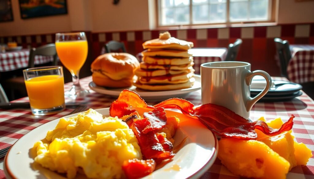 A beautifully arranged breakfast table featuring a variety of mouthwatering dishes suited for a late-morning meal at 10:30 AM. In the foreground, there is a plate of fluffy scrambled eggs, crispy bacon, and golden hash browns, served on a stylish ceramic plate. A steaming cup of coffee sits next to a vibrant orange juice glass. In the middle, a warm, flaky biscuit and a stack of pancakes drizzled with syrup are placed artfully. The background showcases a bright, inviting diner setting with checkered tablecloths and sunlight streaming through a window, casting soft shadows across the table. The overall mood is warm and friendly, evoking the comfort of a leisurely morning brunch. The image is captured with natural lighting and a slightly angled view for depth.