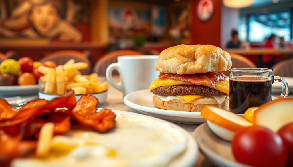 A beautifully arranged breakfast table showcasing a diverse Wendy's breakfast menu. In the foreground, an inviting plate of crispy bacon, fluffy scrambled eggs, and a golden croissant, complemented by a side of fresh seasonal fruit. In the middle, a signature breakfast sandwich featuring a fluffy biscuit with sausage, egg, and cheese, elegantly displayed alongside a steaming cup of coffee. The background reveals a softly lit breakfast diner scene with warm lighting, enhancing the cozy atmosphere. The lens captures the vibrant colors of the food, with a shallow depth of field that gently blurs the diner setting. Overall, the mood is cheerful and inviting, perfect for showcasing hearty breakfast options. No text or logos are present in the image.