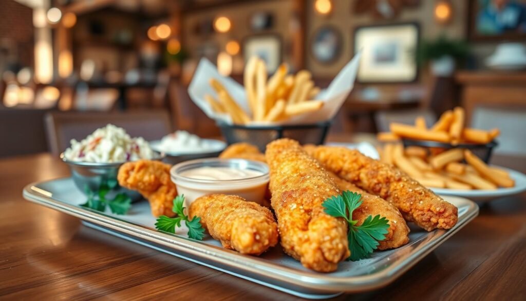 A beautifully arranged plate of crispy fried chicken tenders, garnished with fresh parsley and served alongside a colorful dipping sauce. The foreground features the chicken items appealingly displayed, showcasing their golden-brown crust and tender meat. In the middle ground, a wooden table adds warmth, surrounded by a few vibrant sides such as coleslaw and seasoned fries. The background features a softly blurred restaurant ambiance, hinting at a casual dining atmosphere with rustic decor, enhancing the inviting feel. Natural lighting spills onto the scene, creating a cozy and appetizing mood, while a shallow depth of field keeps the focus on the chicken items. The angle captures the dish slightly from above, emphasizing the textures and details of the food. A beautifully arranged plate of crispy fried chicken tenders, garnished with fresh parsley and served alongside a colorful dipping sauce. The foreground features the chicken items appealingly displayed, showcasing their golden-brown crust and tender meat. In the middle ground, a wooden table adds warmth, surrounded by a few vibrant sides such as coleslaw and seasoned fries. The background features a softly blurred restaurant ambiance, hinting at a casual dining atmosphere with rustic decor, enhancing the inviting feel. Natural lighting spills onto the scene, creating a cozy and appetizing mood, while a shallow depth of field keeps the focus on the chicken items. The angle captures the dish slightly from above, emphasizing the textures and details of the food.