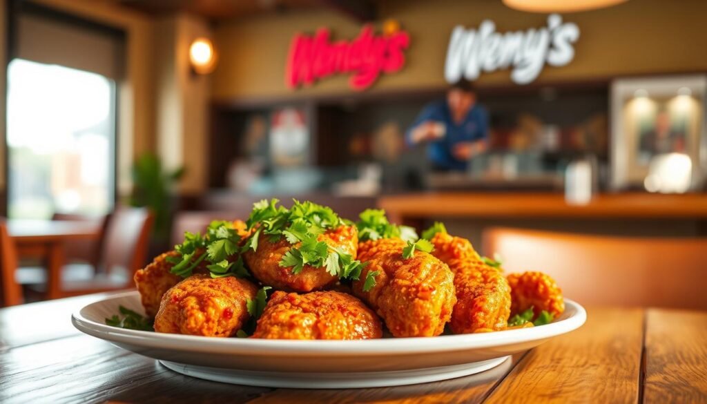 A beautifully arranged plate of spicy chicken, garnished with vibrant green cilantro and a drizzle of tangy sauce, sits prominently in the foreground. The chicken is golden brown with a crispy texture, glistening from the spice rub that enhances its appeal. In the middle ground, a rustic wooden table provides warmth and contrast, complementing the dish. Soft natural lighting illuminates the scene from a nearby window, creating a cozy and inviting atmosphere. The background features a blurred hint of a Wendy's restaurant interior, suggesting a casual dining experience without distracting from the main focus. The overall mood is lively and mouthwatering, evoking the savory experience of enjoying a spicy chicken meal. A beautifully arranged plate of spicy chicken, garnished with vibrant green cilantro and a drizzle of tangy sauce, sits prominently in the foreground. The chicken is golden brown with a crispy texture, glistening from the spice rub that enhances its appeal. In the middle ground, a rustic wooden table provides warmth and contrast, complementing the dish. Soft natural lighting illuminates the scene from a nearby window, creating a cozy and inviting atmosphere. The background features a blurred hint of a Wendy's restaurant interior, suggesting a casual dining experience without distracting from the main focus. The overall mood is lively and mouthwatering, evoking the savory experience of enjoying a spicy chicken meal.
