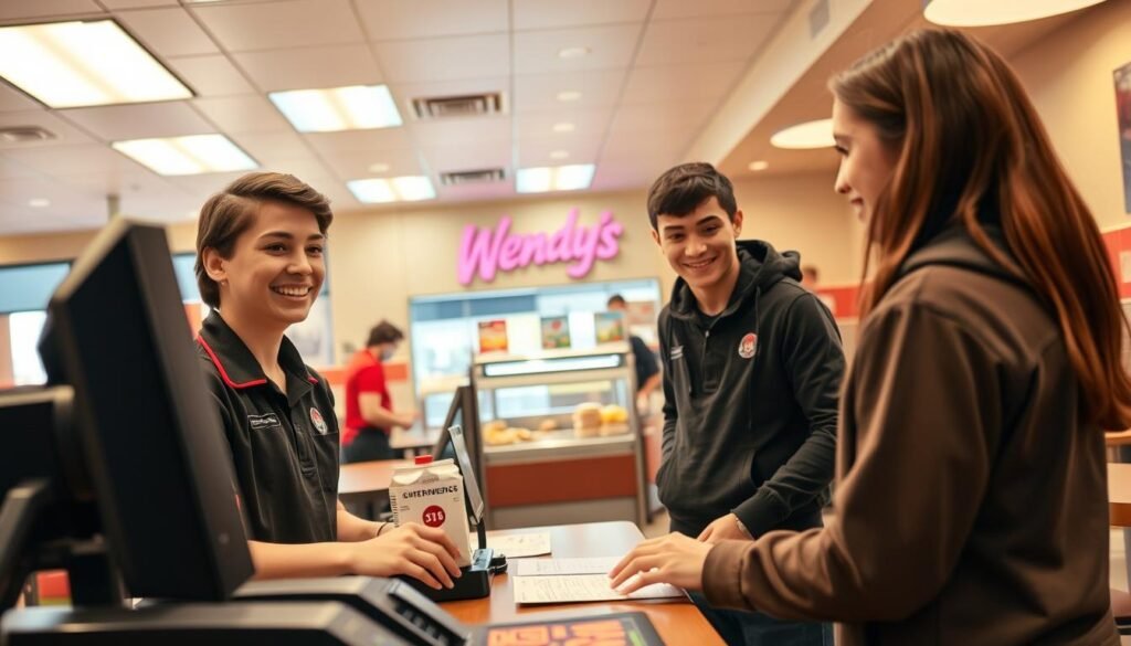 A bright and welcoming fast-food restaurant interior showcasing varied positions typical at Wendy's. In the foreground, a cheerful teenage crew member in a branded uniform, engaging with a customer at the cash register, smiling and ready to serve. In the middle ground, another young worker is preparing food at a clean and organized counter, diligently assembling sandwiches. The background features a well-lit dining area with colorful seating and Wendy's branding subtly displayed. The lighting is warm and inviting, suggestive of a busy lunchtime environment, creating an atmosphere of friendliness and efficiency. Capture the scene from a slightly elevated angle to encompass the vibrant activity, ensuring a professional yet youthful vibe throughout the image.