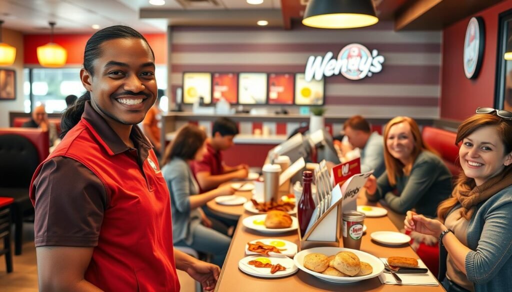 A bustling local Wendy's during breakfast hours, showcasing a cozy and inviting atmosphere. In the foreground, a smiling employee in a crisp red Wendy's uniform is serving breakfast to customers. The middle features a bright, colorful counter with an array of breakfast items like fresh scrambled eggs, crispy bacon, and fluffy biscuits on display. Customers, dressed in modest casual clothing, are seated in comfortable booths, enjoying their meals with cheerful expressions. The background reveals the restaurant’s logo and warm lighting, enhancing the welcoming vibe. Shot from a slightly elevated angle to capture the lively interaction and friendly service, the scene conveys a sense of community and satisfaction.