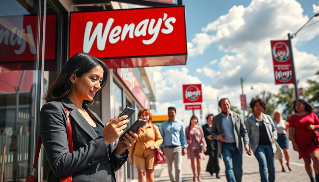 A clear, inviting street scene featuring a Wendy's restaurant in the foreground, with its bright red signage prominently displayed. A well-dressed professional woman is using her smartphone to get directions, dressed in smart casual attire. In the middle ground, a diverse group of people are walking towards the store, looking engaged and happy. The background includes a sunny day sky with fluffy clouds, enhancing a cheerful atmosphere. The scene is well-lit with natural sunlight illuminating the vibrant colors of the store and the surrounding area. Use a slightly elevated angle to capture the bustling street life and the accessibility of the Wendy's location, conveying a sense of urgency and convenience. A clear, inviting street scene featuring a Wendy's restaurant in the foreground, with its bright red signage prominently displayed. A well-dressed professional woman is using her smartphone to get directions, dressed in smart casual attire. In the middle ground, a diverse group of people are walking towards the store, looking engaged and happy. The background includes a sunny day sky with fluffy clouds, enhancing a cheerful atmosphere. The scene is well-lit with natural sunlight illuminating the vibrant colors of the store and the surrounding area. Use a slightly elevated angle to capture the bustling street life and the accessibility of the Wendy's location, conveying a sense of urgency and convenience.