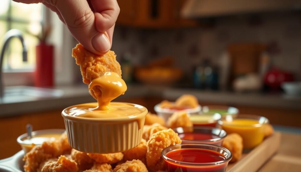 A close-up image of a hand dipping a crispy chicken nugget into a small bowl of Wendy's famous dipping sauce, showcasing the rich, creamy texture and vibrant color of the sauce. The foreground features the nugget being pulled out, glistening with sauce, emphasizing the deliciousness of the moment. In the middle ground, a neatly arranged platter of Wendy's chicken nuggets and various dipping sauces, each in their respective small bowls, creating a colorful array. The background is softly blurred with a warm, inviting kitchen atmosphere, illuminated by soft natural light filtering through a window, enhancing the appetizing scene. The overall mood is one of casual indulgence and excitement about taste-testing.