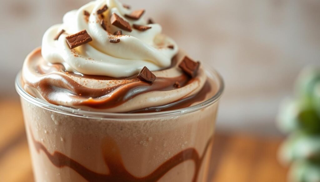A close-up of a creamy, frosty chocolate dessert in a clear cup, showcasing its swirls of rich chocolate and topped with a dollop of fluffy whipped cream. The frosty texture glistens under soft, natural lighting, creating a warm and inviting mood. In the background, a blurred soft-focus hint of a rustic wooden table adds a cozy atmosphere. The image should be captured at a slight angle, enhancing the dessert's dimensionality and emphasizing the layers. Subtle chocolate shavings and a sprinkle of cocoa powder adorn the top, inviting viewers to indulge in this delicious gluten-free treat. A close-up of a creamy, frosty chocolate dessert in a clear cup, showcasing its swirls of rich chocolate and topped with a dollop of fluffy whipped cream. The frosty texture glistens under soft, natural lighting, creating a warm and inviting mood. In the background, a blurred soft-focus hint of a rustic wooden table adds a cozy atmosphere. The image should be captured at a slight angle, enhancing the dessert's dimensionality and emphasizing the layers. Subtle chocolate shavings and a sprinkle of cocoa powder adorn the top, inviting viewers to indulge in this delicious gluten-free treat.