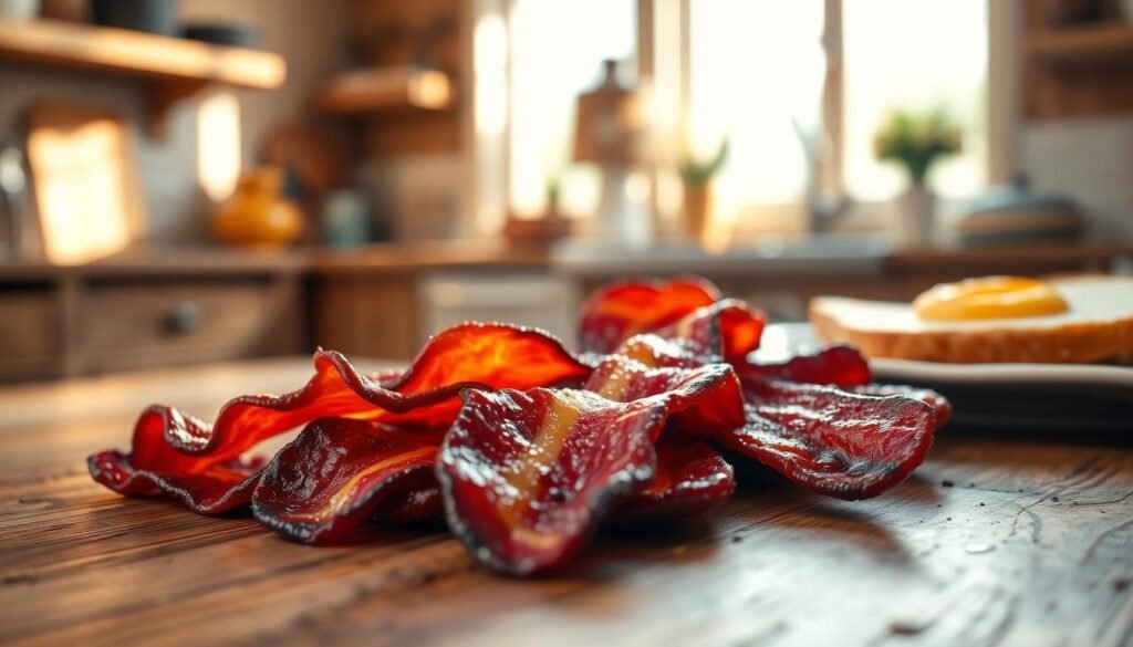 A close-up of sizzling applewood smoked bacon on a rustic wooden breakfast table. The bacon strips are perfectly crispy and glistening with a rich, smoky flavor, showcasing their deep reddish-brown color. In the background, include a soft-focus shot of a sunny morning kitchen with warm natural light streaming in through a window, creating a cozy atmosphere. Add a few fresh eggs and toast on the side plate for context. Use a shallow depth of field to emphasize the bacon while the background remains softly blurred. Capture the inviting mood of a hearty breakfast, evoking a sense of comfort and satisfaction.