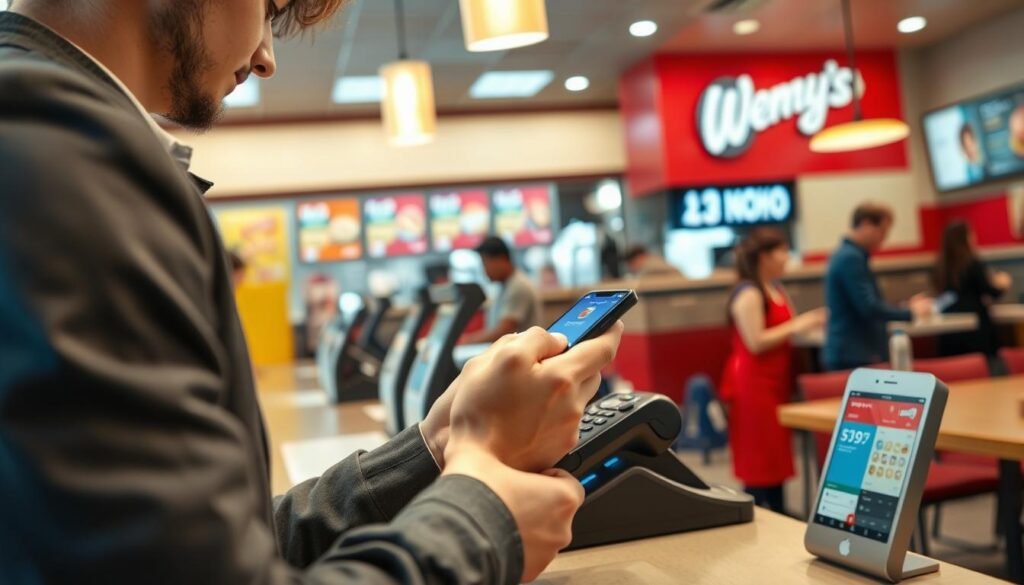 A close-up scene inside a Wendy’s restaurant, showcasing a customer using Apple Pay on their smartphone at the counter. In the foreground, the customer, a young adult in smart casual attire, is holding their phone up to the contactless payment terminal. The middle layer depicts the fast-paced environment of the restaurant, with staff efficiently serving other customers in the background. Bright, cheerful lighting enhances the ambiance, capturing the lively atmosphere. The focus is on the transaction, emphasizing simplicity and speed in the checkout process. The background features Wendy's signature decor, including colorful menus and seating areas, all while ensuring a clean and organized look.