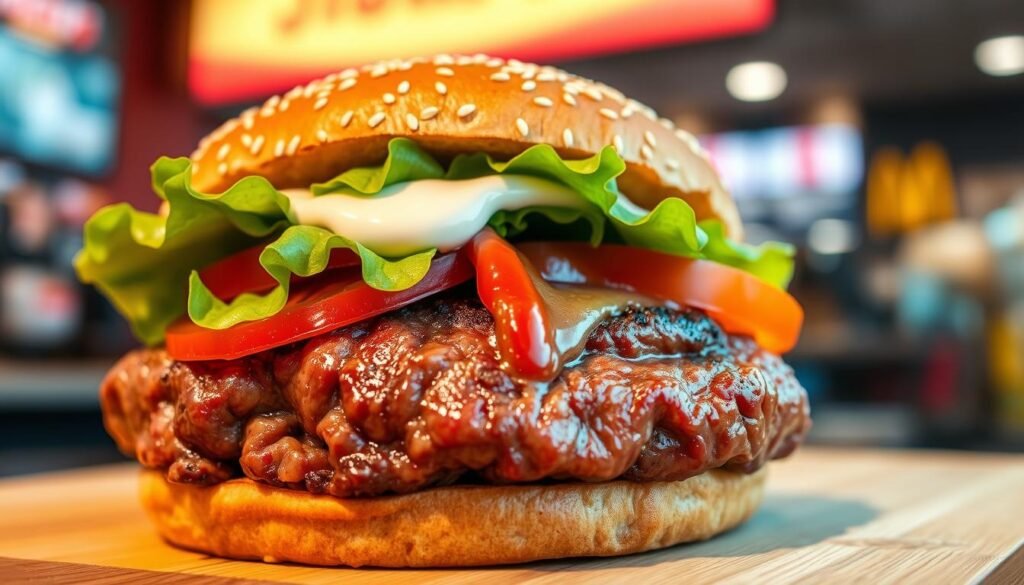 A close-up shot of a succulent beef patty on a toasted sesame seed bun, showcasing its juicy texture and rich marbling. The foreground features the glossy beef, garnished with fresh, crisp lettuce and ripe tomato slices, adding vibrant green and red colors. In the middle, a drizzle of creamy mayonnaise and tangy ketchup enhances the visual appeal, while the background shows a blurred fast-food restaurant setting, hinting at a lively environment. The lighting is warm and inviting, casting soft shadows that accentuate the burger's details. The angle is slightly tilted to highlight the layers of the sandwich, creating an enticing atmosphere that reflects the competition between fast-food giants. The overall mood is appetizing and energetic, perfect for illustrating the core differences in beef offerings.