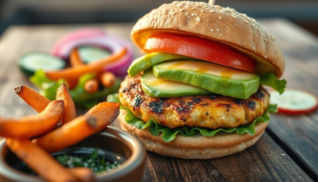 A close-up view of a gourmet burger on a rustic wooden table, featuring a lean grilled chicken patty topped with fresh avocado slices, crisp lettuce, ripe tomato, and a light drizzle of tangy vinaigrette. The burger is nestled in a whole grain bun, showcasing vibrant colors and textures that suggest a healthy option. In the foreground, include a small bowl of sweet potato fries with a sprinkle of herbs. In the middle background, hints of fresh ingredients like sliced cucumbers and red onions are artfully arranged. The lighting is natural and warm, mimicking golden hour, creating an inviting atmosphere. The angle is slightly tilted, emphasizing the layers of the burger while keeping the focus sharp and appealing.