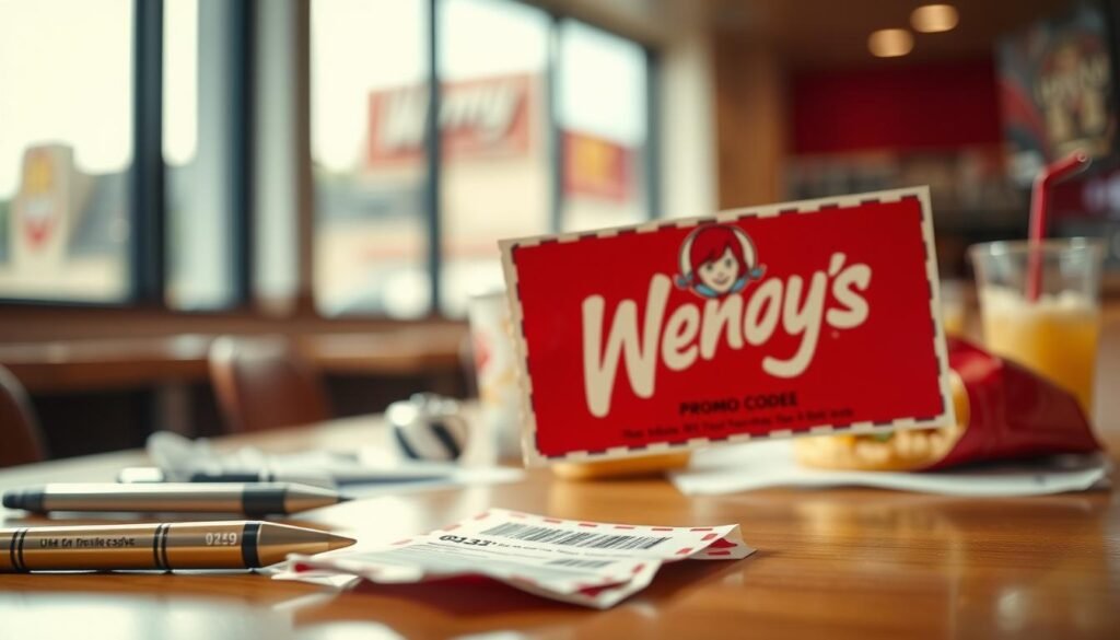 A colorful, vibrant coupon design prominently featuring the Wendy's logo, showcasing an attractive promo code in a clear and appealing format. In the foreground, the coupon is slightly crumpled, with a few small tears along the edges, emphasizing a sense of use and hastiness. The middle layer includes a well-lit table with scattered items like a pen, a half-eaten burger, and a drink, suggesting someone's failed attempt to redeem the coupon. In the background, a blurred fast-food restaurant setting is visible, with soft lighting to create a casual atmosphere. Natural light filters through a nearby window, casting warm tones across the scene, evoking a mood of frustration and disappointment with the coupon's ineffectiveness.