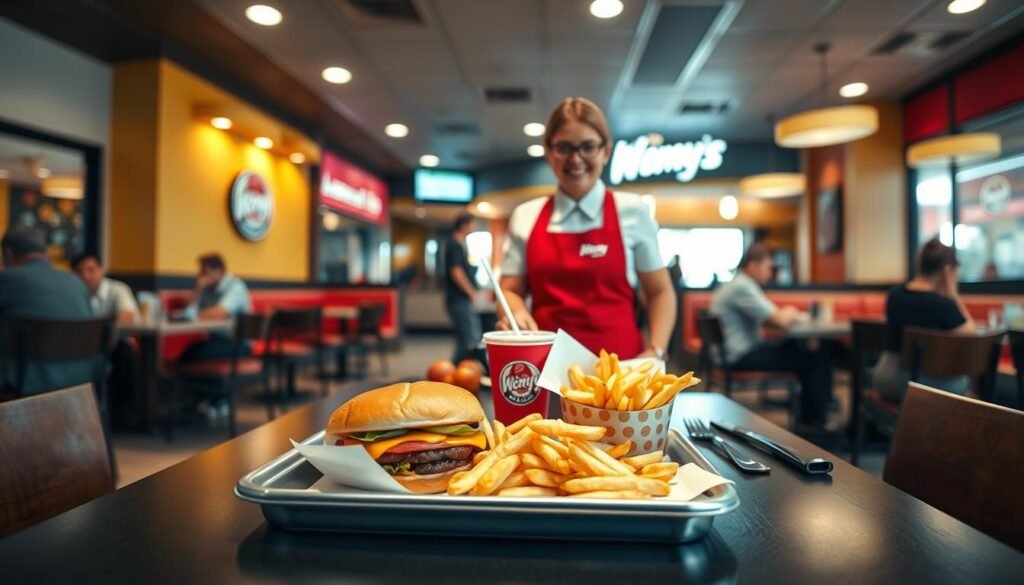 A cozy and inviting fast-food restaurant setting showcasing a table set for lunch at precisely 10:30 AM. In the foreground, an appetizing tray features freshly prepared Wendy's lunch items, such as a delicious cheeseburger, crispy fries, and a refreshing drink, all presented with vibrant colors and appealing textures. In the middle ground, a staff member in professional attire, smiling and ready to serve, stands beside the table. The background features the restaurant interior with a welcoming atmosphere, soft lighting illuminating the space, and customers enjoying their meals. A wide-angle lens captures the overall scene, creating a lively and cheerful mood that conveys the excitement of lunchtime.