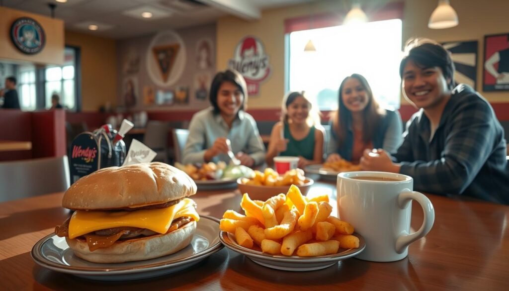 A cozy breakfast scene at a Wendy's restaurant, showcasing a well-lit interior during the morning hours. In the foreground, a wooden table is set with a variety of breakfast items: a steaming breakfast sandwich, crispy hash browns, and a cup of fresh coffee, all presented invitingly. The middle ground features a cheerful family enjoying their meal together, dressed in casual but modest attire, radiating warmth and joy. In the background, the restaurant's welcoming decor with bright colors and a large window reveals a sunny morning outside, enhancing the inviting atmosphere. Soft, natural light streams in, casting gentle shadows, creating a relaxed and lively mood that captures the essence of breakfast hours at Wendy's.