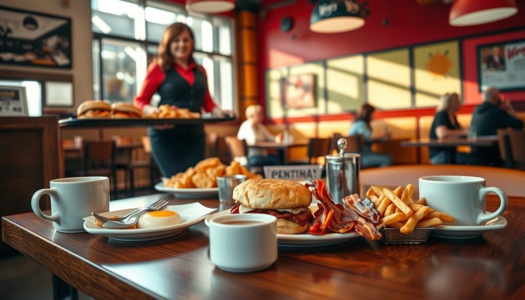 A cozy, inviting diner scene during breakfast hours, showcasing a wooden table adorned with a delicious spread of Wendy's breakfast items including a fluffy biscuit sandwich, crispy bacon, golden hash browns, and a steaming cup of coffee. In the foreground, a cheerful server in professional attire carries a tray with more breakfast options. The middle ground features a warm ambiance with diners enjoying their meals, bathed in soft morning light filtering through the large windows. The background includes bright, colorful decor typical of a fast-casual restaurant, creating a lively yet relaxed atmosphere. The angle is slightly elevated to capture the vibrancy of the scene while maintaining focus on the food.