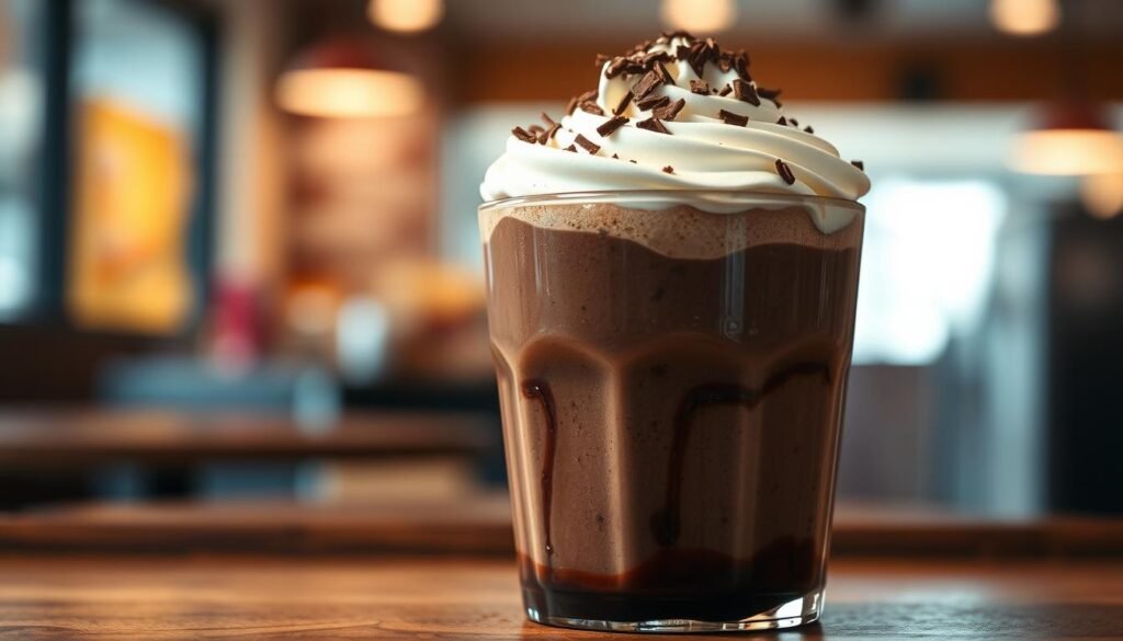 A decadent chocolate frosty, topped with a swirl of creamy whipped cream and a sprinkle of chocolate shavings, sits elegantly in a clear glass cup. The frosty is a rich, dark brown color, evoking a sense of indulgence, and it's surrounded by a delicate pool of melted chocolate sauce. In the foreground, the glass is highlighted with soft, warm lighting that enhances the textured surface of the frosty. The middle of the image features a rustic wooden table, adding a cozy atmosphere. In the blurred background, faint hints of a casual fast-food restaurant ambiance can be observed, creating a relatable setting. The mood is inviting and delicious, perfect for showcasing a beloved dessert.