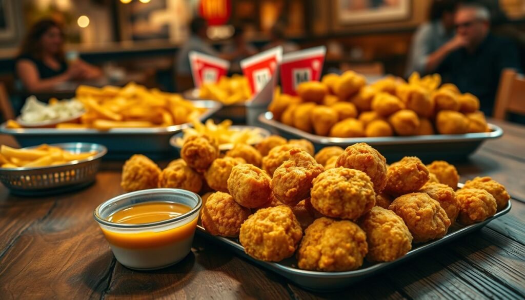 A delicious assortment of golden-brown chicken nuggets presented on a rustic wooden table. In the foreground, a small bowl of dipping sauce, such as honey mustard or barbecue, sits alongside a portion of crispy, steaming nuggets arranged enticingly. The middle ground features well-lit, vibrant trays showcasing larger party packs of nuggets, with an inviting spread of sides like fries and coleslaw. In the background, a cozy fast-food restaurant ambiance is visible, with soft, warm lighting and blurred silhouettes of happy diners enjoying their meals. The image should evoke a sense of delicious indulgence and communal dining, captured with a warm, inviting color palette, soft focus, and overhead angle to highlight the food's textures and colors.