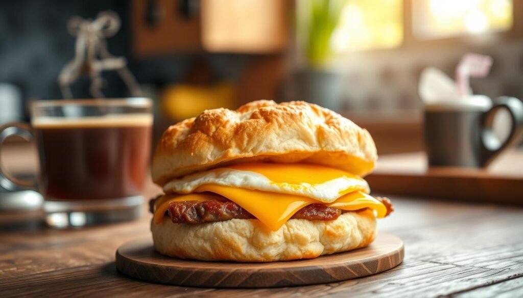 A delicious biscuit breakfast sandwich, featuring a fluffy, golden-brown biscuit filled with savory sausage, melted cheddar cheese, and a perfectly fried egg. The sandwich is placed on a rustic wooden table, with a steaming cup of coffee on one side. In the background, a blurred early morning kitchen scene with soft, warm natural light streaming through a window, highlighting the fresh ingredients of the meal. The focus is on the sandwich, captured with a shallow depth of field, inviting the viewer to feel the comfort and satisfaction of a quick breakfast. The atmosphere is cozy and inviting, evoking a sense of warmth and a great start to the day. No text or watermarks. A delicious biscuit breakfast sandwich, featuring a fluffy, golden-brown biscuit filled with savory sausage, melted cheddar cheese, and a perfectly fried egg. The sandwich is placed on a rustic wooden table, with a steaming cup of coffee on one side. In the background, a blurred early morning kitchen scene with soft, warm natural light streaming through a window, highlighting the fresh ingredients of the meal. The focus is on the sandwich, captured with a shallow depth of field, inviting the viewer to feel the comfort and satisfaction of a quick breakfast. The atmosphere is cozy and inviting, evoking a sense of warmth and a great start to the day. No text or watermarks.