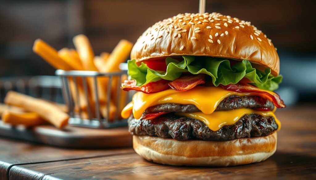 A delicious, freshly-made cheeseburger featured prominently in the foreground, showcasing layers of juicy beef patty, melted cheddar cheese, crisp bacon, and fresh lettuce and tomato, all nestled in a lightly toasted sesame seed bun. The burger is glistening with a drizzle of special sauce, emphasizing its indulgent quality. In the middle ground, a rustic wooden table adds warmth, with a side of golden, crispy fries served in a small metal basket, enhancing the appetizing scene. Soft, natural lighting illuminates the burger, creating a mouth-watering glow that highlights its textures. The background is softly blurred, suggesting a casual dining atmosphere without distractions. This image conveys a satisfying and inviting mood, perfect for a focus on burgers in a nutrition context.