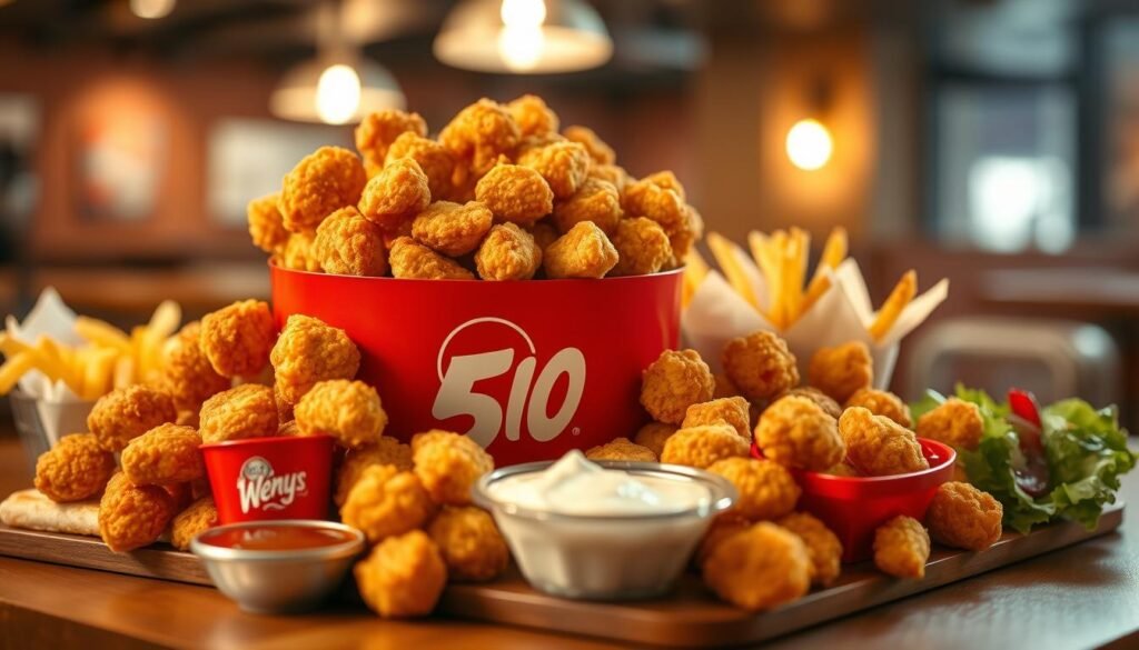 A delightful arrangement of Wendy's 50 Nugget Bucket, featuring a variety of crispy chicken nuggets in a large, branded red and yellow box. In the foreground, focus on the nuggets arranged enticingly, some golden and crunchy, others with a hint of dipping sauces like barbecue and ranch artfully placed nearby. In the middle ground, include sides like fries and a small salad, enhancing the meal's value. The background subtly shows a casual dining setting with a soft, warm light illuminating the scene, creating a cozy atmosphere. Use a shallow depth of field to emphasize the nuggets while softly blurring the background. Capture the image from a slightly elevated angle to provide a comprehensive view, evoking a sense of indulgence and celebration. A delightful arrangement of Wendy's 50 Nugget Bucket, featuring a variety of crispy chicken nuggets in a large, branded red and yellow box. In the foreground, focus on the nuggets arranged enticingly, some golden and crunchy, others with a hint of dipping sauces like barbecue and ranch artfully placed nearby. In the middle ground, include sides like fries and a small salad, enhancing the meal's value. The background subtly shows a casual dining setting with a soft, warm light illuminating the scene, creating a cozy atmosphere. Use a shallow depth of field to emphasize the nuggets while softly blurring the background. Capture the image from a slightly elevated angle to provide a comprehensive view, evoking a sense of indulgence and celebration.