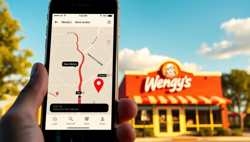 A detailed store locator interface showcasing a vibrant Wendy’s restaurant as the main focus. In the foreground, include a sleek, modern smartphone displaying a map with a highlighted route to the nearest Wendy’s location. The middle layer features a stylized, colorful Wendy’s storefront with the iconic red and yellow branding, complete with large windows and a welcoming entrance. In the background, depict a sunny day with clear blue skies and a few fluffy clouds, adding to a cheerful atmosphere. Use warm, inviting lighting to create a friendly mood, while capturing this scene from a slightly elevated angle, emphasizing both the phone and the restaurant.