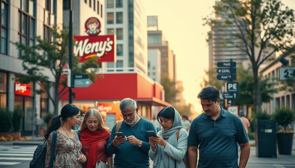 A detailed street view of a bustling urban area featuring a Wendy's fast-food restaurant prominently in the center. In the foreground, a diverse group of people, including a family and a couple, are studying a mobile device, looking for directions to the store. They are dressed in casual, modest clothing. The middle ground showcases the vibrant storefront of Wendy's, with its iconic red and yellow branding, while nearby, directional signs pointing to different locations are visible. In the background, the cityscape includes modern buildings and trees, bathed in the warm glow of late afternoon sunlight, creating a welcoming and inviting atmosphere. The perspective is slightly elevated, offering a clear view of both the people and the restaurant, enhancing an atmosphere of community and convenience.