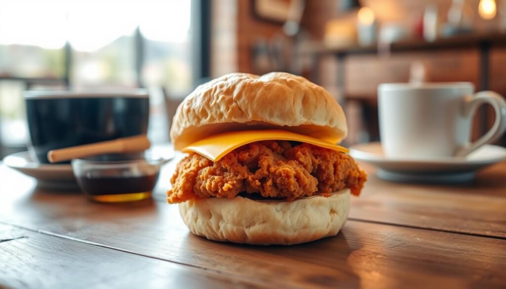 A freshly prepared chicken biscuit nestled on a wooden breakfast table, showcasing a golden, flaky biscuit, perfectly split to reveal a crispy, golden-brown fried chicken patty and a slice of melted cheddar cheese. Bright morning light filters through a nearby window, casting soft shadows and highlighting the textures of the biscuit and chicken. On the table, a small bowl of honey and a cup of steaming coffee add warmth and comfort to the scene, inviting the viewer to indulge. The background features a blurred, cozy café setting to enhance the atmosphere. Use a close-up angle to emphasize the delicious details of the sandwich and create an appetizing mood.