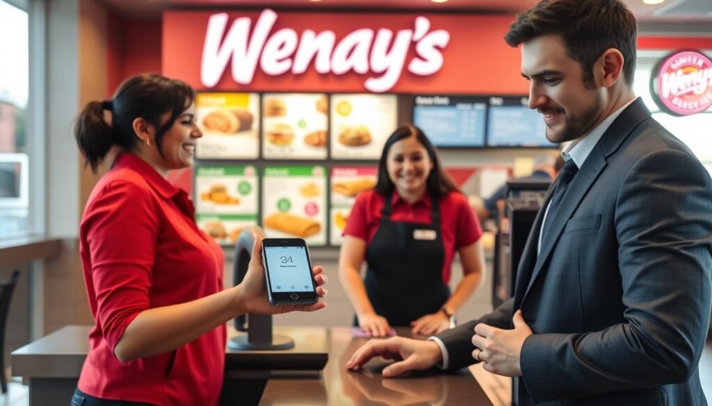 A modern Wendy's restaurant setting, featuring a customer in smart casual attire confidently using Apple Pay on their smartphone at the counter. In the foreground, the phone screen displays the Apple Pay interface, emphasizing the digital transaction. In the middle ground, a friendly cashier is smiling, ready to assist while standing beside a colorful menu board showcasing delicious food items. The background features vibrant decor typical of a Wendy's location, with bright lighting creating a welcoming ambiance. The scene captures a dynamic, bustling lunchtime atmosphere, highlighting the convenience of mobile payments. The overall mood is positive and efficient, portraying a seamless blend of technology and fast food service.
