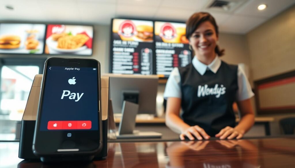 A modern fast-food restaurant counter featuring a friendly cashier in a Wendy's uniform, standing next to a digital payment terminal displaying the Apple Pay logo. In the foreground, there is a sleek smartphone with the Apple Pay interface visible, emphasizing contactless payment. The middle ground shows the cashier smiling, ready to assist customers, while a menu board with colorful food images captures attention in the background. The lighting is bright and inviting, creating a clean, welcoming atmosphere. The scene should be shot from a slightly elevated angle, adding depth, and the overall mood is energetic and modern, conveying the convenience of using Apple Pay at Wendy's U.S. locations.