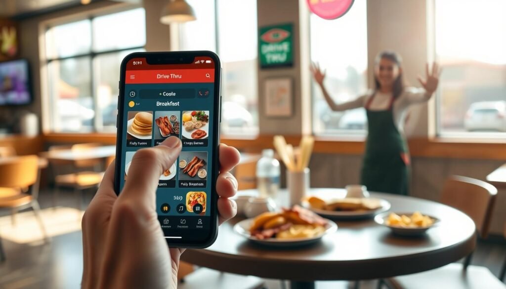 A modern mobile app interface displayed on a sleek smartphone, set against a cozy fast-food restaurant backdrop. In the foreground, a hand taps the screen, showcasing a vibrant digital menu filled with breakfast items like fluffy pancakes, crispy bacon, and coffee. In the middle, a table with a neatly arranged breakfast spread, inviting customers to dine in and enjoy. The background features a drive-thru sign and a friendly employee waving to a car, representing the drive-thru option. Soft morning sunlight filters through large windows, creating a warm and inviting atmosphere. Shot from a slight angle to emphasize interaction with the app while capturing the restaurant's lively environment. The mood is casual and inviting, reflecting the convenience of ordering through the app.