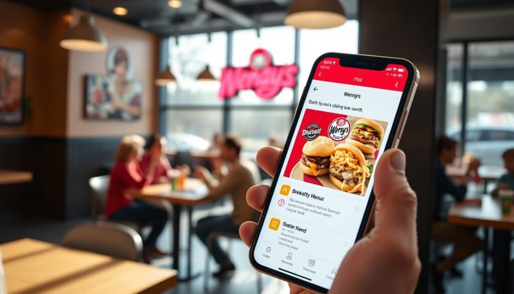 A modern smartphone displaying the Wendy's app interface, prominently featuring a bright and enticing breakfast menu. In the foreground, the phone is held by a hand wearing a casual, professional outfit, emphasizing a user-friendly experience. The middle ground shows a bustling breakfast scene at a cozy Wendy's restaurant with cheerful patrons enjoying meals. In the background, soft morning sunlight filters through large windows, illuminating the space and enhancing the warm atmosphere. The lens captures a close-up view to highlight the app details, with a shallow depth of field creating a soft blur around the edges. The overall mood is inviting and energetic, perfect for a morning breakfast setting.