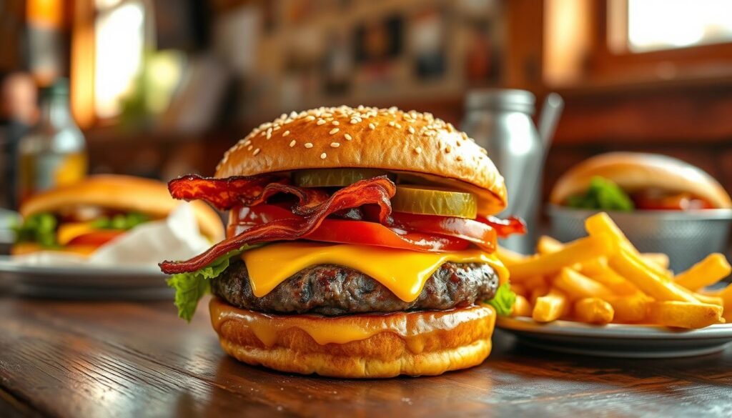 A mouth-watering close-up of a juicy cheeseburger, featuring a perfectly grilled beef patty topped with melted cheddar cheese, crispy bacon strips, fresh lettuce, ripe tomato slices, and pickles, all sandwiched between a toasted sesame seed bun. The burger sits on a rustic wooden table, with a soft-focus background of a casual dining setting, highlighting other delicious fast food items subtly blurred out. Golden fries are visible on a side plate, enhancing the indulgent atmosphere. The lighting is warm and inviting, creating a cozy mood, with natural sunlight streaming in from the side. Capture the scene at a slight angle to emphasize the layers of the burger, making it visually appealing and mouth-watering. A mouth-watering close-up of a juicy cheeseburger, featuring a perfectly grilled beef patty topped with melted cheddar cheese, crispy bacon strips, fresh lettuce, ripe tomato slices, and pickles, all sandwiched between a toasted sesame seed bun. The burger sits on a rustic wooden table, with a soft-focus background of a casual dining setting, highlighting other delicious fast food items subtly blurred out. Golden fries are visible on a side plate, enhancing the indulgent atmosphere. The lighting is warm and inviting, creating a cozy mood, with natural sunlight streaming in from the side. Capture the scene at a slight angle to emphasize the layers of the burger, making it visually appealing and mouth-watering.