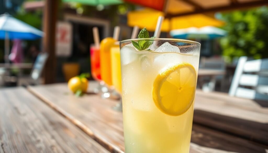 A refreshing glass of lemonade sits prominently in the foreground, its surface gleaming with condensation, inviting and chilled. The glass is garnished with a slice of lemon and a sprig of fresh mint, conveying a sense of summer bliss. In the middle ground, a rustic wooden table displays additional lemonade glasses filled with different flavors, such as strawberry and mango, showcasing a vibrant array of colors. The background features a sunlit outdoor café setting, with blurred greenery and colorful umbrellas softly out of focus, creating a warm and inviting atmosphere. The scene is illuminated by natural sunlight, casting gentle shadows and enhancing the refreshing feel of the beverages. The angle is slightly elevated, providing a captivating view of the lemonade lineup, encouraging a sense of enjoyment and thirst. A refreshing glass of lemonade sits prominently in the foreground, its surface gleaming with condensation, inviting and chilled. The glass is garnished with a slice of lemon and a sprig of fresh mint, conveying a sense of summer bliss. In the middle ground, a rustic wooden table displays additional lemonade glasses filled with different flavors, such as strawberry and mango, showcasing a vibrant array of colors. The background features a sunlit outdoor café setting, with blurred greenery and colorful umbrellas softly out of focus, creating a warm and inviting atmosphere. The scene is illuminated by natural sunlight, casting gentle shadows and enhancing the refreshing feel of the beverages. The angle is slightly elevated, providing a captivating view of the lemonade lineup, encouraging a sense of enjoyment and thirst.