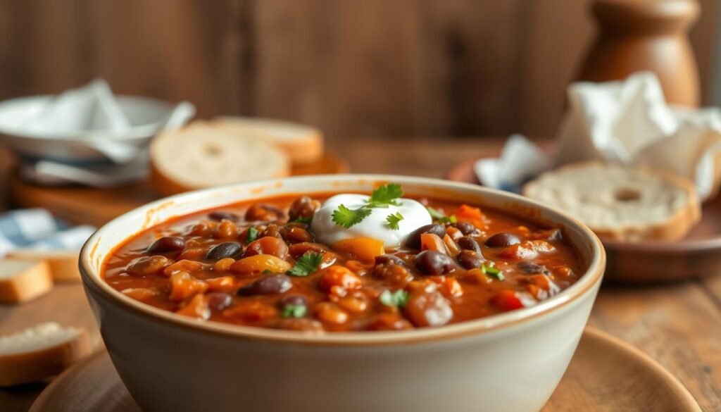 A steaming bowl of rich, hearty chili sits prominently in the foreground, showcasing its vibrant red and brown hues, dotted with kidney beans and colorful bell peppers. The chili is garnished with a dollop of sour cream and a sprinkle of fresh cilantro, enhancing its visual appeal. In the middle background, a rustic wooden table sets a cozy, inviting tone, while a few pieces of crusty bread are scattered around, suggesting a comforting meal. Soft, warm lighting bathes the scene, highlighting the textures of the chili and creating a welcoming atmosphere. The angle captures the bowl at eye level, emphasizing its comforting abundance. The entire composition conveys a sense of warmth and satisfaction, perfect for illustrating a delicious fast-food meal choice.