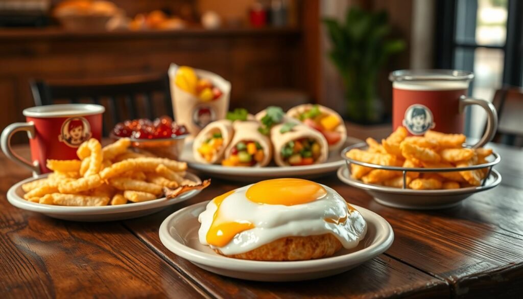 A tantalizing breakfast spread on a rustic wooden table, featuring a variety of Wendy’s signature breakfast items. In the foreground, showcase a fluffy biscuit sandwich filled with crispy bacon and fresh egg, glistening with melted cheese. Surround it with golden hash browns, a fresh fruit cup, and a steaming cup of coffee. In the middle, display a plate of delicious breakfast burritos, elegantly garnished with cilantro. The background should subtly hint at a cozy café atmosphere with warm, inviting lighting, perhaps a window casting soft morning sunlight. Capture the scene using a slightly elevated angle, offering an inviting overview of the delightful breakfast options, evoking a sense of warmth and comfort for early morning diners.