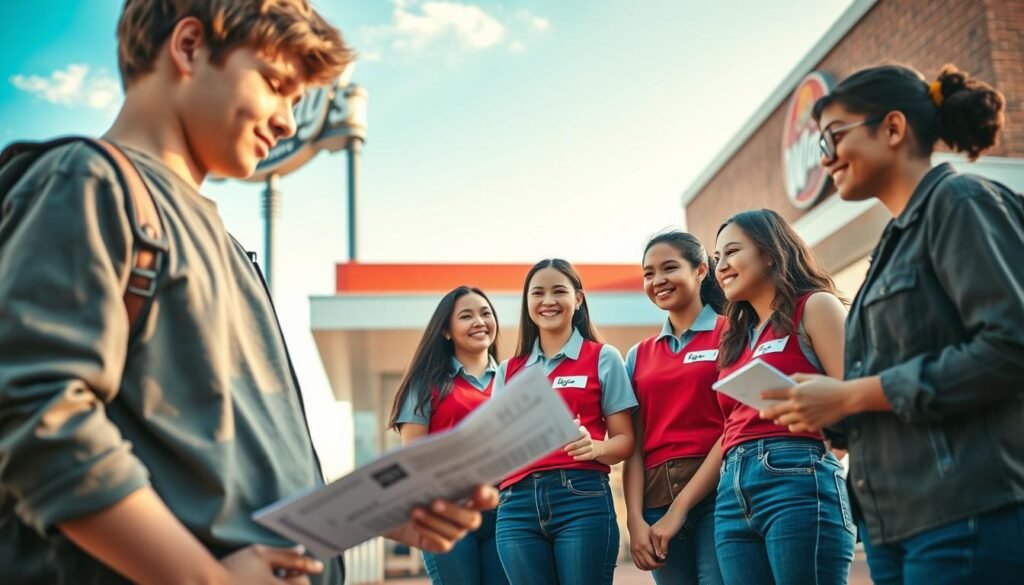 A thoughtful depiction of "age" represented through a diverse group of young people standing outside a Wendy's restaurant. In the foreground, a teenager in a casual, modest outfit is looking at a job application, symbolizing the age requirement for employment. In the middle ground, young employees in Wendy's uniforms are engaged in friendly conversation, with smiles that convey excitement about their first jobs. The background features the Wendy's logo and the facade of the restaurant, framed under a bright, blue sky. Soft, warm lighting gives the scene an inviting and hopeful atmosphere. The angle is slightly elevated to capture both the subjects and the surrounding environment clearly, emphasizing the theme of youth and opportunity.