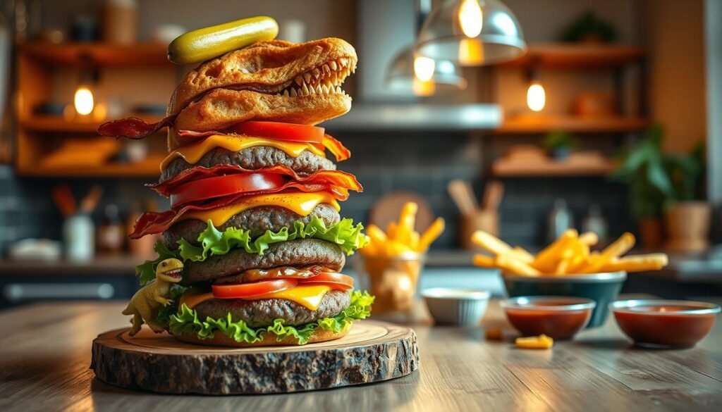 A towering T-Rex burger sits prominently in the foreground, artfully stacked with a juicy beef patty, fresh lettuce, plump tomatoes, and melted cheese, layered with crispy bacon and topped with a miniature dinosaur-shaped pickle. The burger is showcased on a rustic wooden board, garnished with a side of crispy fries and dipping sauces, creating a mouthwatering scene. In the middle ground, a stylish kitchen backdrop hints at a home cooking environment with softly glowing pendant lights. The scene is captured with a slightly tilted angle to give a dynamic perspective, enhancing the burger's grandeur. Warm, inviting lighting fills the space, creating an atmosphere of fun and creativity, perfect for assembling this whimsical dish. The image is free of any text or watermarks, focusing solely on the delicious burger.