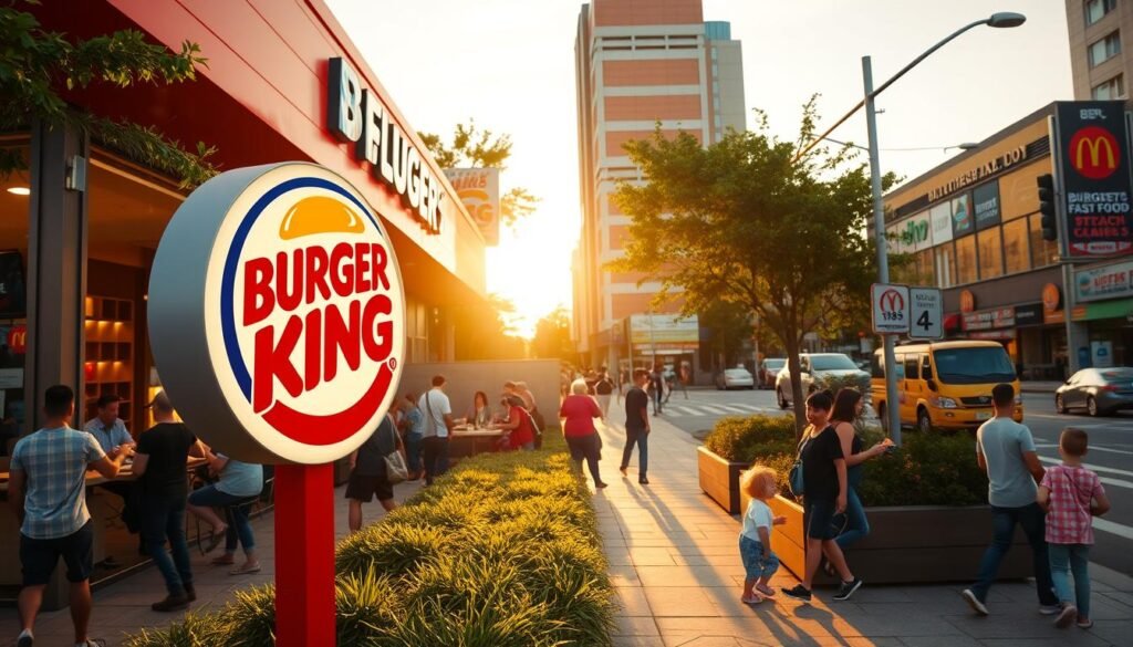 A vibrant Burger King fast-food restaurant exterior during the golden hour, showcasing the iconic logo prominently in the foreground. The entrance is bustling with a diverse group of customers wearing casual clothing, enjoying their meals on the outdoor patio. In the middle, the restaurant's red and yellow color scheme contrasts with lush greenery and well-kept landscaping. A few children are playing nearby, adding to the lively atmosphere. In the background, the hustle and bustle of a city street can be seen, with various other fast-food chains subtly indicated without showing their logos, emphasizing the competitive market landscape. The image should be captured from a low angle to enhance the restaurant's grandeur and appeal, with warm, inviting lighting that creates a friendly and welcoming mood.