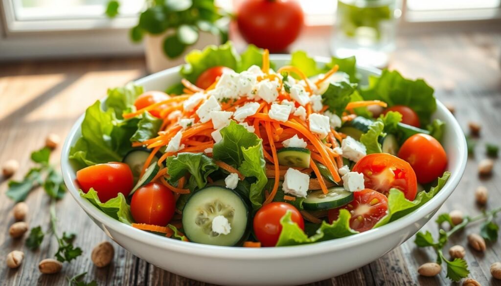 A vibrant and fresh salad displayed elegantly in a white bowl, featuring a medley of crisp romaine lettuce, ripe cherry tomatoes, and thinly sliced cucumbers. Add colorful shredded carrots and a sprinkle of feta cheese on top, drizzled with a light vinaigrette dressing that glistens in the light. Surround the bowl with scattered ingredients like nuts and herbs for added texture. The background should be a soft focus of a rustic wooden table, with natural light streaming in from a window, creating a bright, inviting atmosphere. Use a slight overhead angle to emphasize the layers of ingredients and capture the freshness, evoking a sense of health and indulgence.