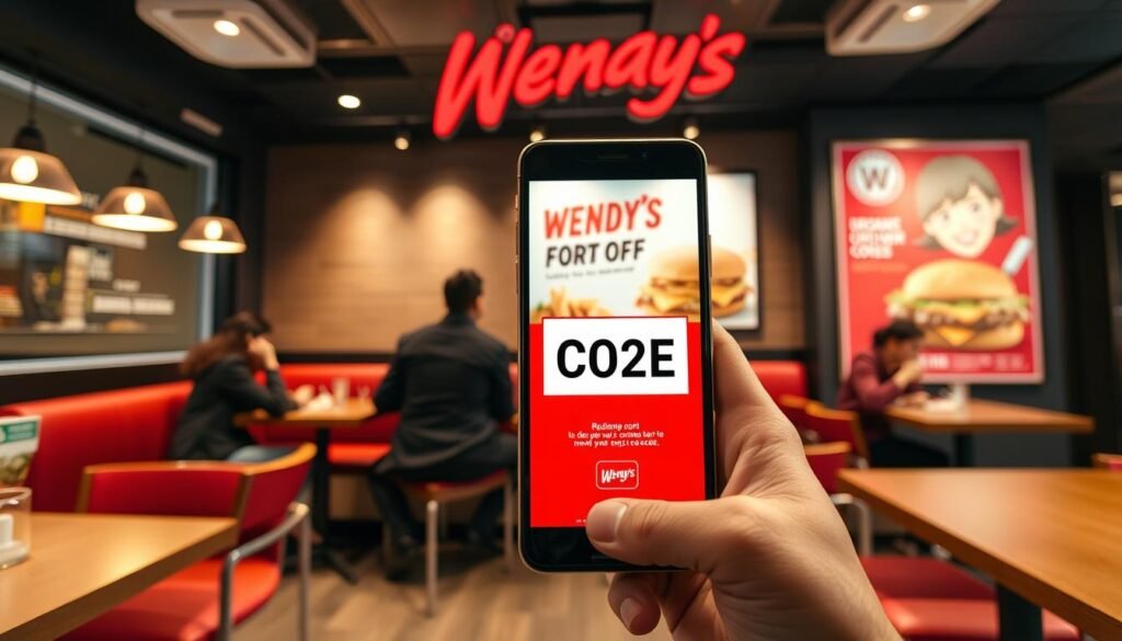 A vibrant and inviting image centered around a promotional code for Wendy's. In the foreground, a sleek smartphone displays a bright, colorful promo code on its screen, with the Wendy's logo subtly visible. The middle ground features a stylish, modern restaurant setting, showcasing a cozy seating area with wooden tables and red accents. People dressed in casual, modest clothing are seen enjoying their meals, adding warmth to the scene. In the background, a large promotional poster on the wall highlights Wendy's offerings, illuminated by soft, diffused lighting to create a welcoming atmosphere. Capture this scene from a slight high angle to convey an inviting perspective, enhancing the sense of community and excitement around redeeming promo codes.