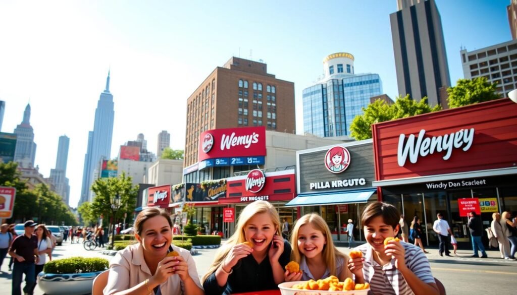 A vibrant and inviting image depicting multiple Wendy's restaurant locations, showcasing their 50 Nugget Bucket offer. In the foreground, a cheerful family casually enjoying their meal, each member dressed in casual but neat attire, joyfully sharing nuggets. The middle ground features a variety of Wendy's outlets, each with distinct signage and branding, surrounded by lush greenery and bustling pedestrians, highlighting varied locations across New York City. The background captures a lively cityscape with iconic NYC buildings under a bright blue sky. Soft, natural lighting bathes the scene, creating an upbeat and friendly atmosphere, while a slight tilt-shift effect focuses the eye on the foreground and mid-ground details to enrich the experience. A vibrant and inviting image depicting multiple Wendy's restaurant locations, showcasing their 50 Nugget Bucket offer. In the foreground, a cheerful family casually enjoying their meal, each member dressed in casual but neat attire, joyfully sharing nuggets. The middle ground features a variety of Wendy's outlets, each with distinct signage and branding, surrounded by lush greenery and bustling pedestrians, highlighting varied locations across New York City. The background captures a lively cityscape with iconic NYC buildings under a bright blue sky. Soft, natural lighting bathes the scene, creating an upbeat and friendly atmosphere, while a slight tilt-shift effect focuses the eye on the foreground and mid-ground details to enrich the experience.