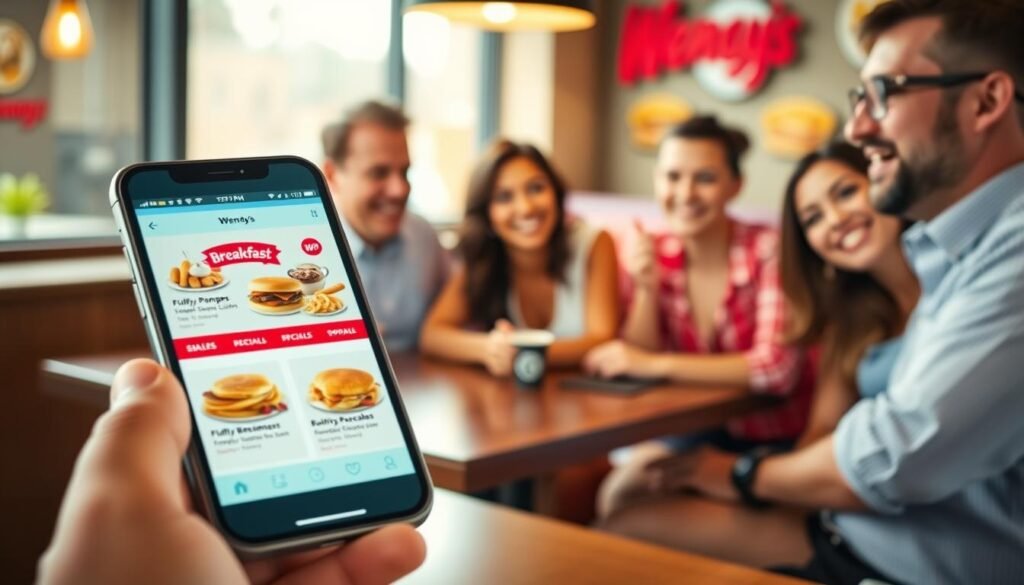 A vibrant and inviting scene showcasing the Wendy's app on a smartphone, placed prominently in the foreground. The phone's screen displays a colorful layout of Wendy's breakfast specials, featuring mouthwatering food items like fluffy pancakes, crispy bacon, and freshly brewed coffee. In the middle ground, a cheerful, diverse group of friends in business casual attire gather around a table, excitedly discussing their favorite deals from the app. The background features a cozy Wendy's restaurant atmosphere, with warm lighting and inviting decor, capturing the essence of a busy morning. The image is well-lit, with soft, natural light coming from a nearby window, creating a friendly and upbeat mood. A slight blur enhances the professional look, focusing attention on the app and the joyful interaction of the friends.