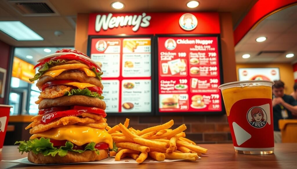 A vibrant, appetizing display of a Wendy's menu showcasing various popular items with prices clearly presented. In the foreground, a colorful burger stacked high with fresh toppings, crispy fries, and a refreshing drink. The middle layer features a neatly arranged view of the menu board highlighting key items like the classic cheeseburger, chicken nuggets, and salads, designed in the iconic Wendy's color palette of red and white. The background includes a warm and inviting fast-food restaurant setting, softly illuminated with bright lights creating an inviting atmosphere. A few partially blurred customers in modest casual clothing are enjoying their meals, adding life to the scene. The overall mood is cheerful and enticing, perfect for food enthusiasts looking to explore the best menu prices. A vibrant, appetizing display of a Wendy's menu showcasing various popular items with prices clearly presented. In the foreground, a colorful burger stacked high with fresh toppings, crispy fries, and a refreshing drink. The middle layer features a neatly arranged view of the menu board highlighting key items like the classic cheeseburger, chicken nuggets, and salads, designed in the iconic Wendy's color palette of red and white. The background includes a warm and inviting fast-food restaurant setting, softly illuminated with bright lights creating an inviting atmosphere. A few partially blurred customers in modest casual clothing are enjoying their meals, adding life to the scene. The overall mood is cheerful and enticing, perfect for food enthusiasts looking to explore the best menu prices.