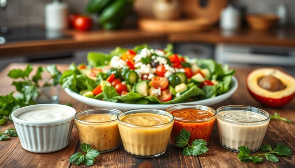 A vibrant array of gluten-free salad dressings elegantly displayed on a rustic wooden table. In the foreground, feature several small bowls containing colorful dressings: a creamy ranch, a zesty balsamic vinaigrette, a bright lemon-tahini, and a spicy chipotle. Surrounding the bowls are fresh herbs like basil and parsley, as well as gluten-free toppings such as sunflower seeds, crumbled feta cheese, and diced avocado. In the middle ground, a crisp green salad is sprinkled with a variety of colorful vegetables like cherry tomatoes, cucumbers, and bell peppers. The background softly blurs into a warm, natural kitchen setting with soft lighting, creating an inviting and wholesome atmosphere. Capture this scene from a slightly elevated angle for a delicious visual perspective. A vibrant array of gluten-free salad dressings elegantly displayed on a rustic wooden table. In the foreground, feature several small bowls containing colorful dressings: a creamy ranch, a zesty balsamic vinaigrette, a bright lemon-tahini, and a spicy chipotle. Surrounding the bowls are fresh herbs like basil and parsley, as well as gluten-free toppings such as sunflower seeds, crumbled feta cheese, and diced avocado. In the middle ground, a crisp green salad is sprinkled with a variety of colorful vegetables like cherry tomatoes, cucumbers, and bell peppers. The background softly blurs into a warm, natural kitchen setting with soft lighting, creating an inviting and wholesome atmosphere. Capture this scene from a slightly elevated angle for a delicious visual perspective.