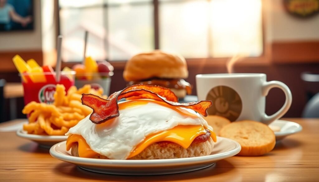 A vibrant breakfast spread featuring a selection of Wendy's most popular breakfast items. In the foreground, place a fluffy breakfast sandwich with a perfectly cooked egg, crispy bacon, and melted cheese, alongside a golden hash brown and a fresh fruit cup. In the middle, showcase a warm biscuit with sausage gravy and a steaming cup of coffee with a cheerful steam rising. The background should display a cozy diner setting with soft morning light streaming through a window, creating a welcoming atmosphere. Use a warm color palette to evoke a feeling of comfort and delight, framed from a slightly elevated angle to capture the enticing details of the food. Ensure the image conveys a sense of indulgence and invites readers to savor the meal. A vibrant breakfast spread featuring a selection of Wendy's most popular breakfast items. In the foreground, place a fluffy breakfast sandwich with a perfectly cooked egg, crispy bacon, and melted cheese, alongside a golden hash brown and a fresh fruit cup. In the middle, showcase a warm biscuit with sausage gravy and a steaming cup of coffee with a cheerful steam rising. The background should display a cozy diner setting with soft morning light streaming through a window, creating a welcoming atmosphere. Use a warm color palette to evoke a feeling of comfort and delight, framed from a slightly elevated angle to capture the enticing details of the food. Ensure the image conveys a sense of indulgence and invites readers to savor the meal.