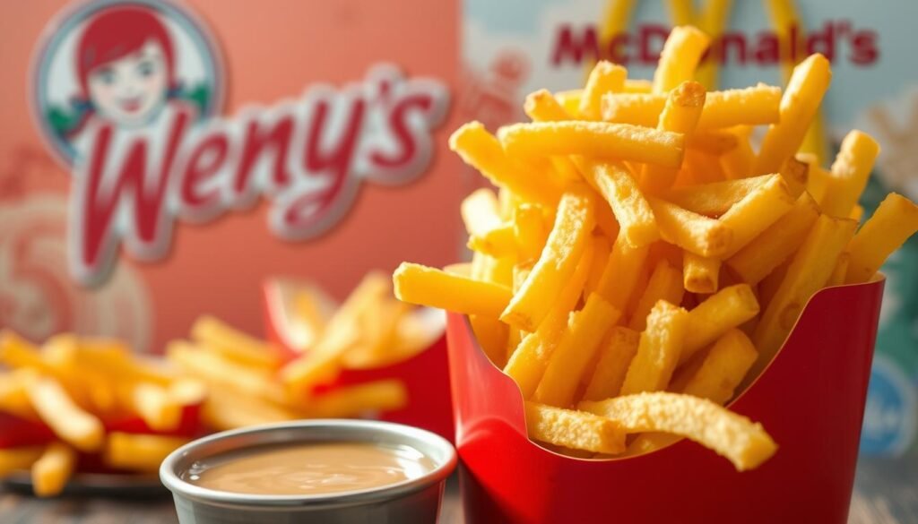 A vibrant close-up image showcasing a delicious serving of fries in a classic fast-food red container, piled high and golden brown, with a hint of steam rising from them. In the foreground, place a small bowl of rich, creamy dipping sauce beside the fries, reflecting light and adding an appetizing contrast. The middle ground features a split view of two iconic fast-food chains, Wendy's and McDonald's, subtly illustrated in the background with their respective colors and themes, creating a playful rivalry. Use bright, soft lighting to enhance the crispy texture of the fries while casting gentle shadows. The atmosphere should feel energetic and inviting, perfect for a food enthusiasts’ showdown. Capture the scene with a shallow depth of field for clear focus on the fries, evoking a sense of indulgence and excitement.