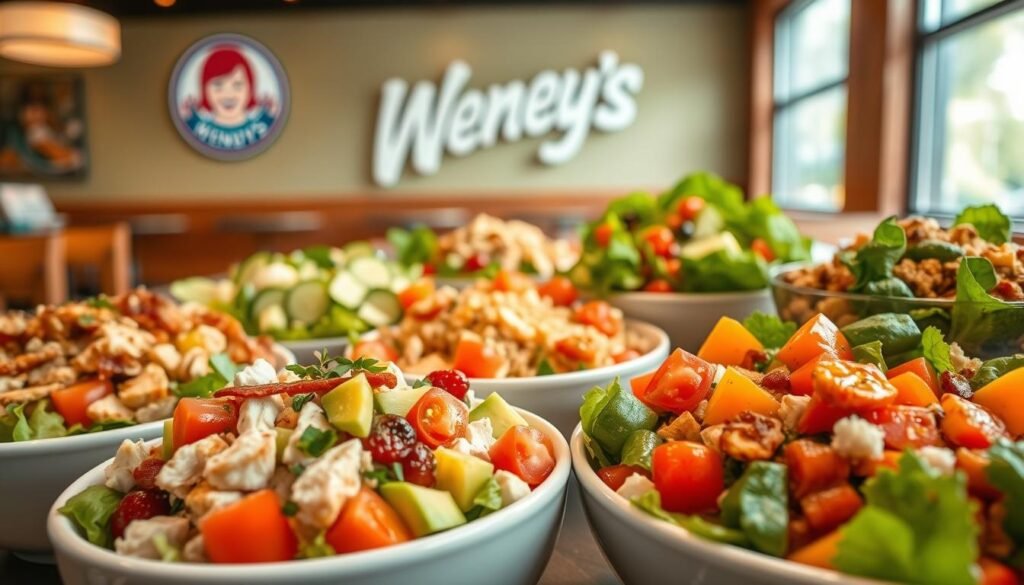 A vibrant display of fresh salads inspired by Wendy's menu, elegantly arranged in a variety of bowls. In the foreground, a colorful Cobb salad with diced chicken, avocado, cherry tomatoes, and crisp bacon, artfully garnished with chopped herbs. Beside it, a refreshing garden salad featuring leafy greens, cucumbers, and bright bell peppers, drizzled with a light vinaigrette. The middle ground showcases additional salads like a classic Caesar with romaine, croutons, and parmesan, and a quinoa salad with roasted vegetables. In the background, a soft-focus Wendy's logo and a warm, inviting diner setting with natural lighting streaming through a window, highlighting the freshness of the ingredients. The atmosphere feels wholesome, encouraging healthy eating habits. The composition is shot at eye level with a slight depth of field to emphasize the vibrant colors and textures of the salads.