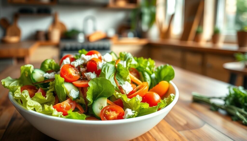 A vibrant, fresh salad is placed prominently in the foreground, showcasing a variety of colorful ingredients, including crisp romaine lettuce, ripe cherry tomatoes, sliced cucumbers, carrots, and a sprinkle of feta cheese. The salad is elegantly arranged in a deep, white bowl, glistening with a light drizzle of balsamic vinaigrette. In the middle ground, a wooden table adds a warm, rustic touch while soft, diffused natural light from a nearby window highlights the freshness of the ingredients. In the background, blurred hints of a busy kitchen can be seen, creating an inviting atmosphere. The composition captures a healthy, vibrant feel, encouraging a sense of satisfaction and enjoyment with every bite.