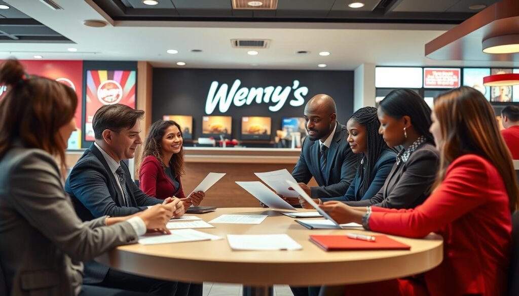 A vibrant, professional setting depicting the hiring process at a Wendy's restaurant. In the foreground, diverse candidates dressed in business casual attire are seated at a round table, attentively engaging with a friendly hiring manager across from them, who is reviewing resumes. In the middle, a well-lit interview area showcases a welcoming ambiance, with Wendy's branding subtly displayed in the background. Bright, warm lighting creates an inviting atmosphere, enhancing the sense of opportunity. The background features a modern Wendy's restaurant environment, with colorful promotional materials and friendly employees visible. The overall mood is encouraging and optimistic, emphasizing the excitement of job opportunities and the friendly nature of the hiring process.