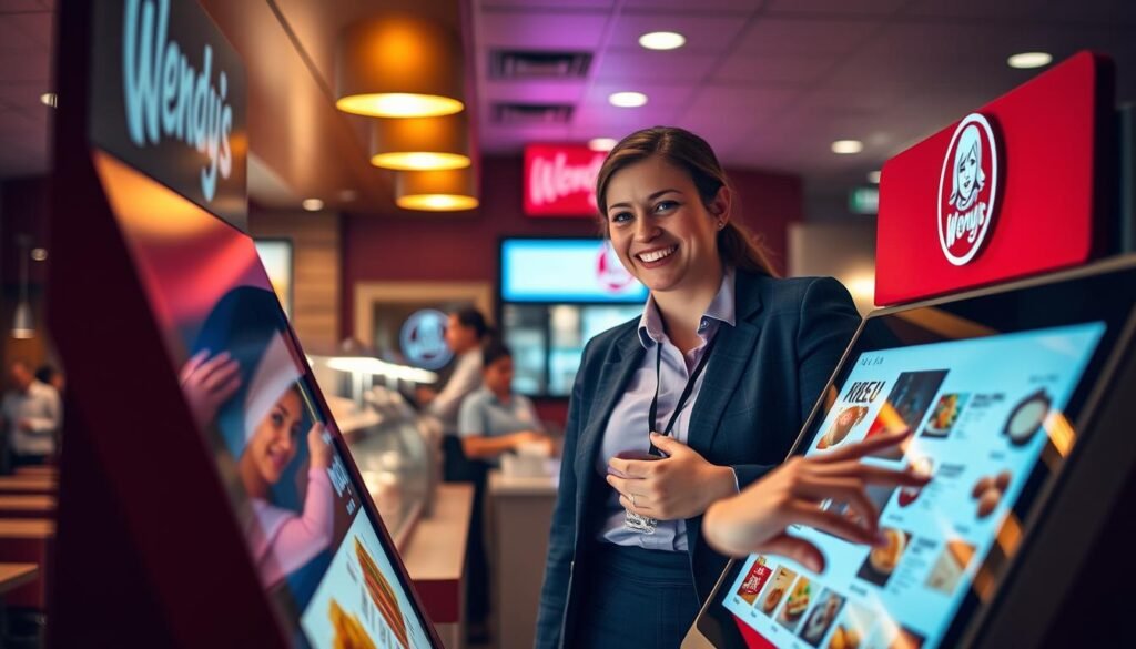 A vibrant scene capturing the essence of "order ahead" at a fast-food restaurant. In the foreground, a modern self-service kiosk with a bright touchscreen display showcasing menu options, such as breakfast sandwiches and coffee, illuminated by soft LED lights. In the middle ground, a cheerful customer in professional casual attire eagerly selects a breakfast item while a friendly employee prepares orders in the background, emphasizing the service. The background features a cozy Wendy’s interior, bustling with patrons and illuminated by warm, inviting lighting, creating a welcoming atmosphere. The perspective focuses on the kiosk, encouraging the viewer to imagine the convenience of ordering ahead. The overall mood is upbeat and engaging, reflecting the satisfaction of getting breakfast on the go.
