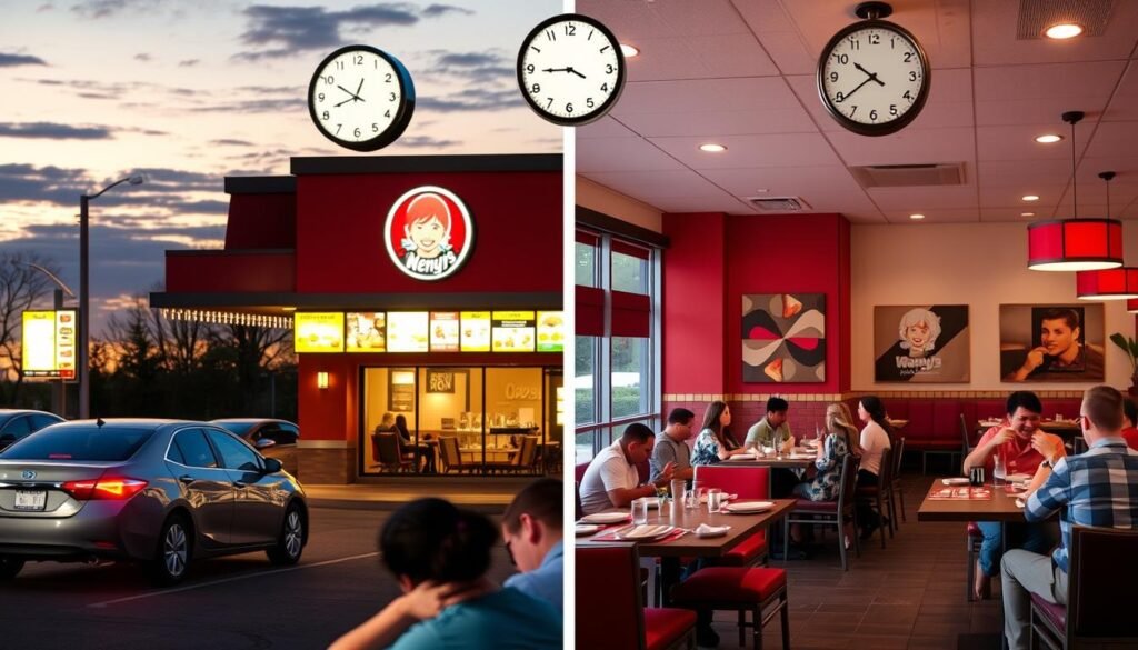 A vibrant split scene showcasing the differences between drive-thru and dining room hours at a Wendy's restaurant. On the left, a lively drive-thru with illuminated menu boards, cars lined up and eager customers, set during dusk with warm, inviting lighting from the restaurant's exterior. On the right, a cozy dining room featuring diners enjoying their meals in a clean, modern interior decorated in Wendy's signature red and white colors, with tables neatly set and soft overhead lighting creating a welcoming atmosphere. A visible clock above both areas indicates closing times. The image conveys a sense of community and comfort, emphasizing the dual experience of dining at Wendy's. A vibrant split scene showcasing the differences between drive-thru and dining room hours at a Wendy's restaurant. On the left, a lively drive-thru with illuminated menu boards, cars lined up and eager customers, set during dusk with warm, inviting lighting from the restaurant's exterior. On the right, a cozy dining room featuring diners enjoying their meals in a clean, modern interior decorated in Wendy's signature red and white colors, with tables neatly set and soft overhead lighting creating a welcoming atmosphere. A visible clock above both areas indicates closing times. The image conveys a sense of community and comfort, emphasizing the dual experience of dining at Wendy's.